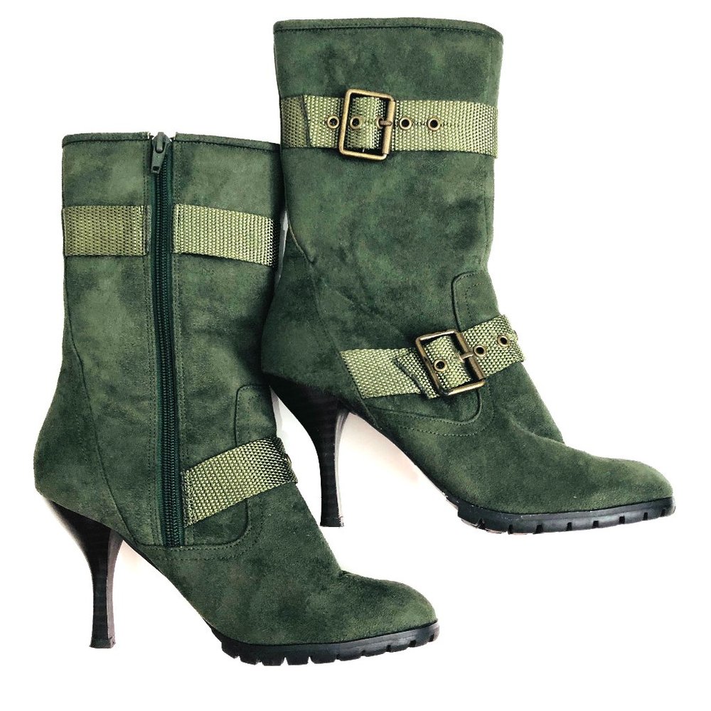 Women's Green Suede Buckle Ankle Boots